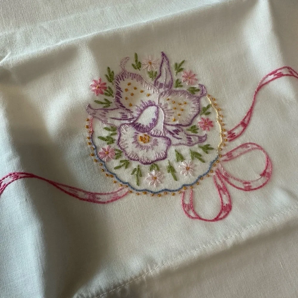 Vintage embroidered set of pillowcases pink bow purple flowers dainty wildflower